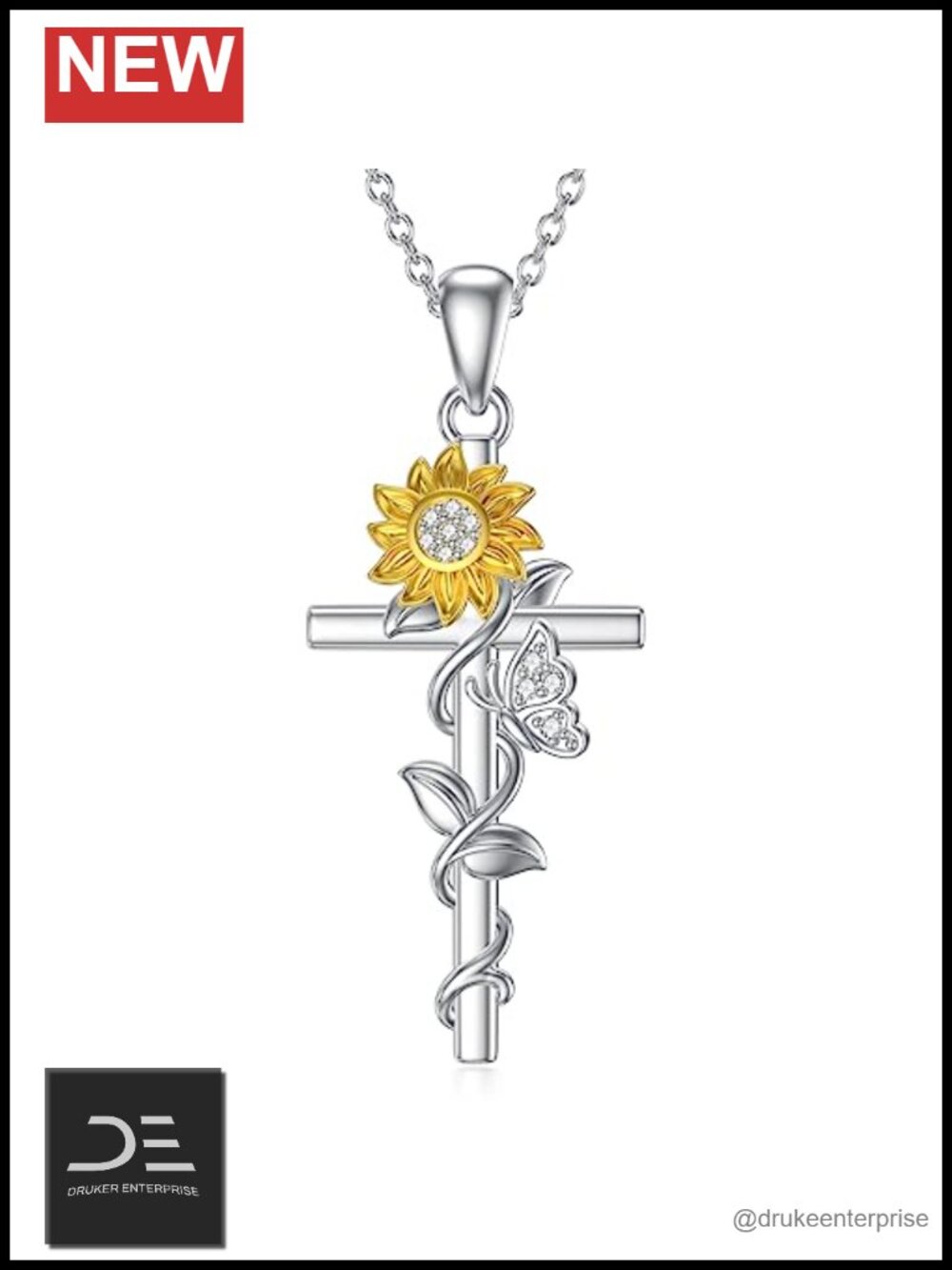925 Sterling Silver Sunflower Cross Pendant Necklace Dainty Religious Jewelry
